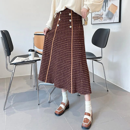 Elegant Fashionable Plaid High-Waisted New Trendy Autumn Winter A-line Large Swing Skirt