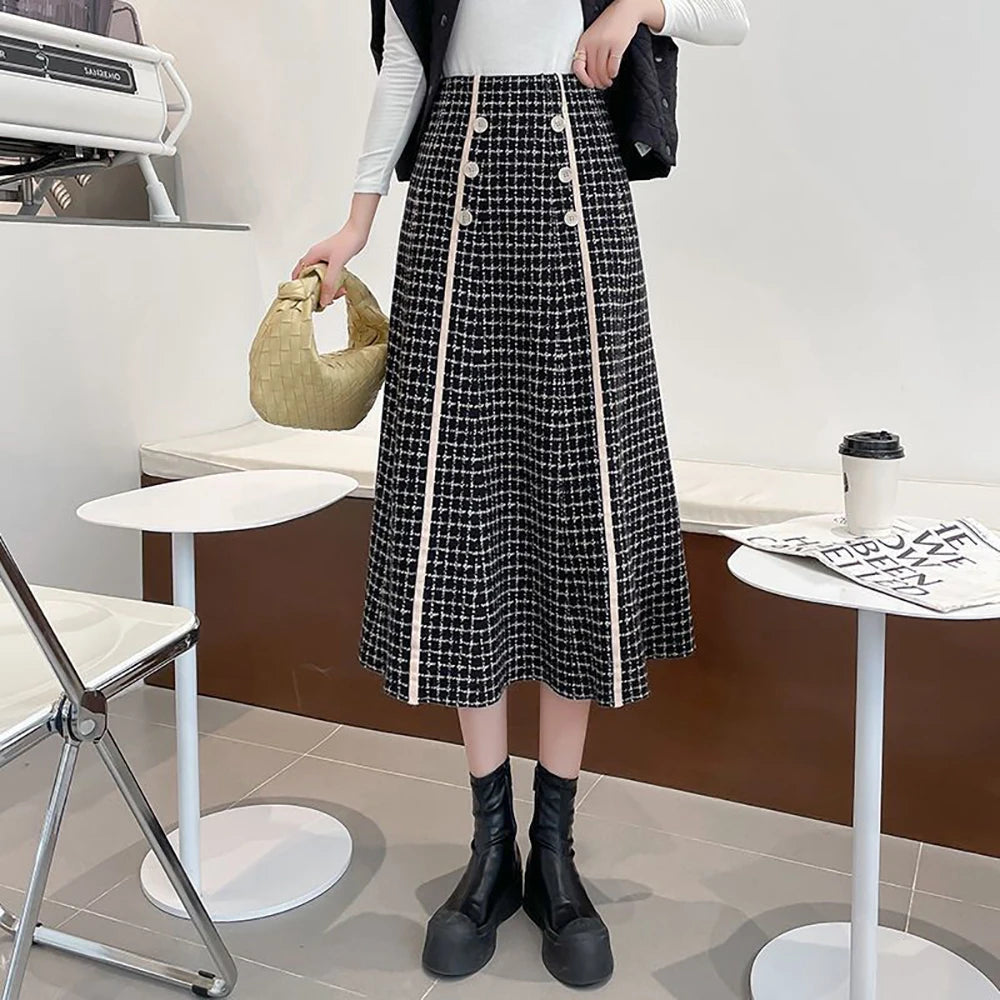 Elegant Fashionable Plaid High-Waisted New Trendy Autumn Winter A-line Large Swing Skirt