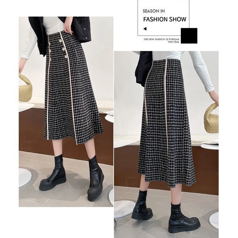 Elegant Fashionable Plaid High-Waisted New Trendy Autumn Winter A-line Large Swing Skirt