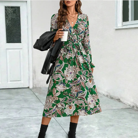 Floral Cross V-neck Midi Dress with Flare Sleeves and Lace-up Detail