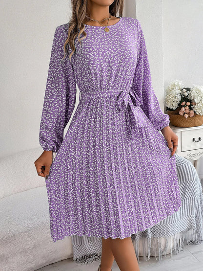 Floral Print O-neck Lantern Sleeves Lace up Pleated Midi Dress