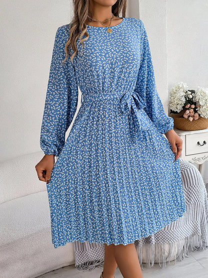 Floral Print O-neck Lantern Sleeves Lace up Pleated Midi Dress