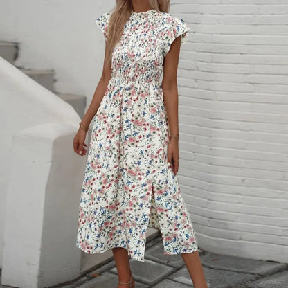 Floral Print O-neck Short Sleeve Midi Dress with Elastic High Waist Split