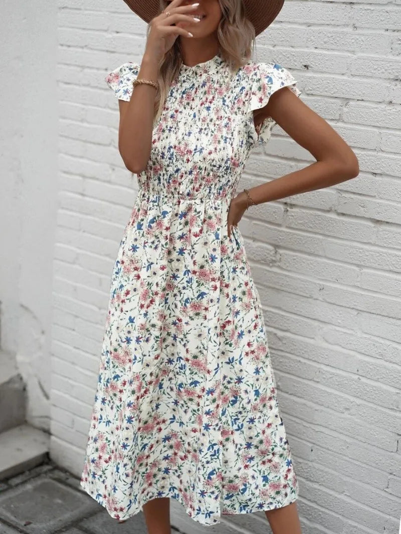 Floral Print O-neck Short Sleeve Midi Dress with Elastic High Waist Split