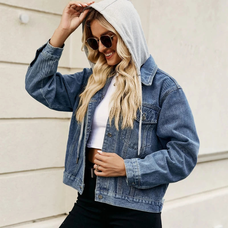 Spring Summer European American Style Short Hooded Long-sleeved Denim Casual Jacket