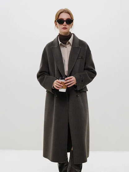 Wool Camel Hair Temperament Oatmeal Long Notched Collar Double Breasted Elegant Classic Chic Coat