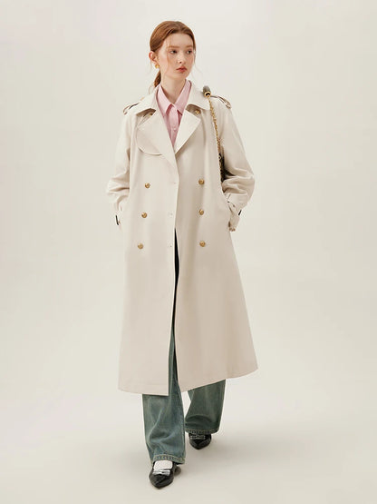 Turn-down Collar Double Breasted Office Lady Long Light Khaki Spring New Temperament Elegant Chic Coat