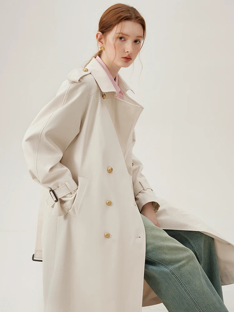 Turn-down Collar Double Breasted Office Lady Long Light Khaki Spring New Temperament Elegant Chic Coat