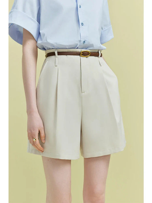 Pleated Design Short - Solid Twill Office Lady