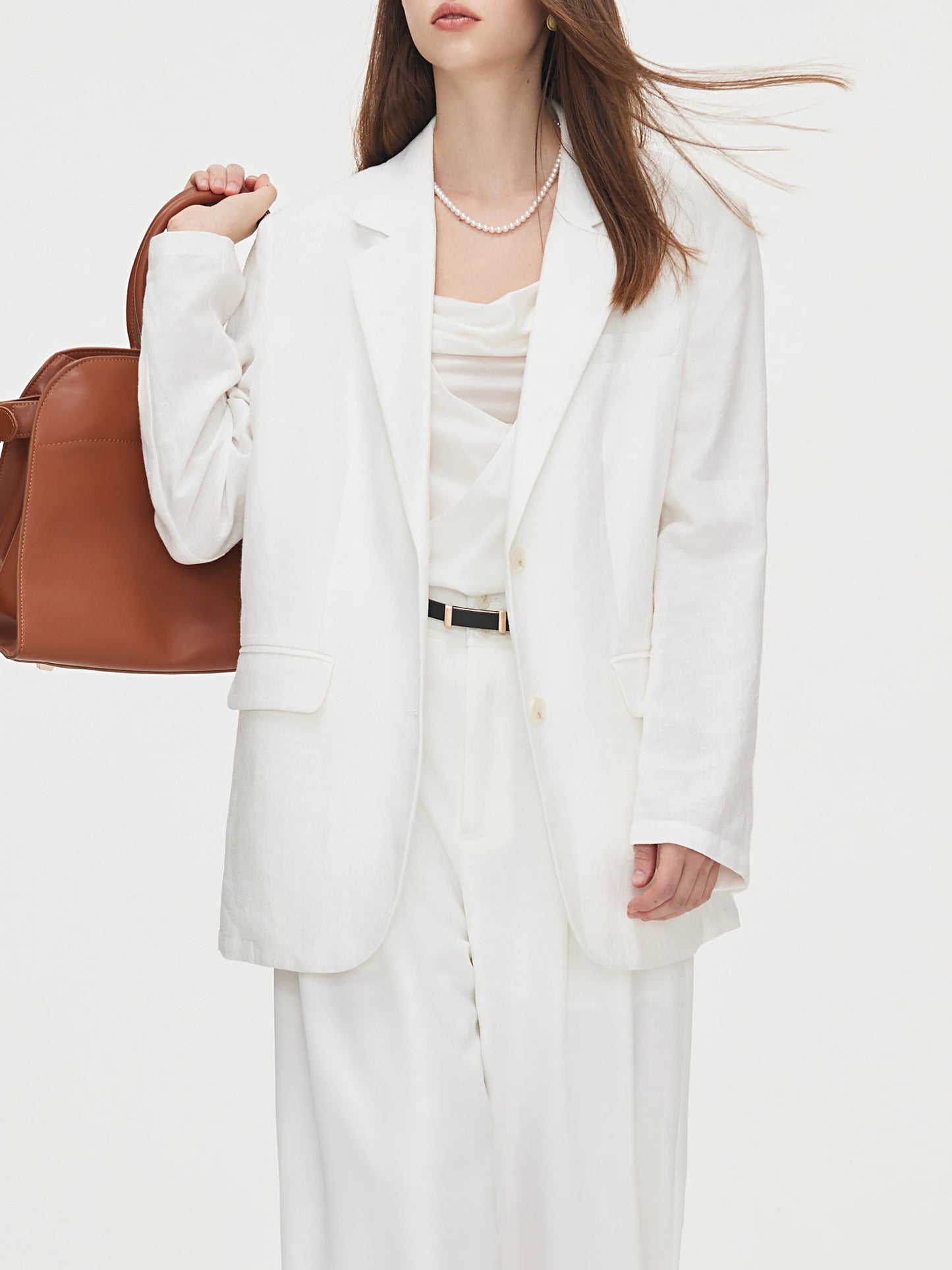 White Commuter Simple Linen Autumn New Notched Collar Office Elegant Chic Coat