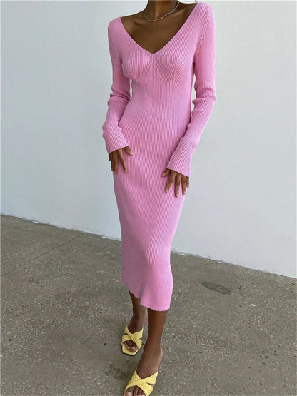 Knit Rib Long Sleeve V Neck Backless Midi Dress for Fall Winter