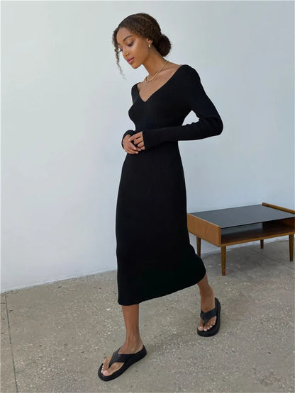 Knit Rib Long Sleeve V Neck Backless Midi Dress for Fall Winter