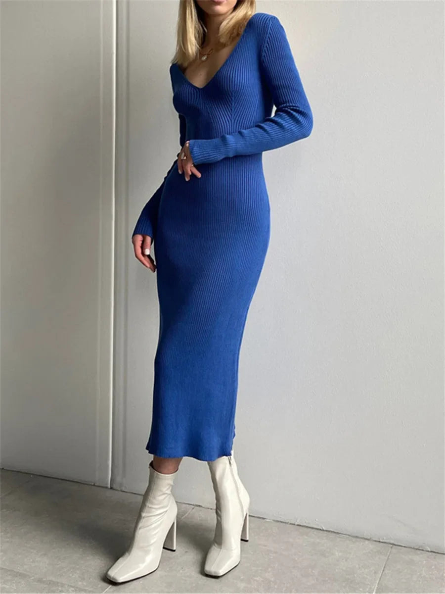 Knit Rib Long Sleeve V Neck Backless Midi Dress for Fall Winter