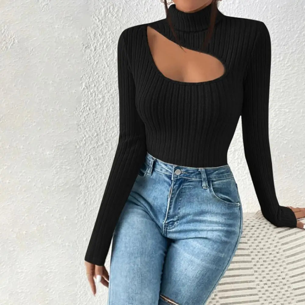 Fall Winter Hollow Out Collar Striped Knitted Elastic Slim Fit Blouse