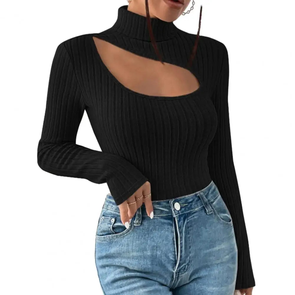 Fall Winter Hollow Out Collar Striped Knitted Elastic Slim Fit Blouse