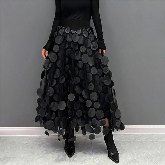 Black Gothic Polka Dot Mesh 2024 Spring Summer Elastic Midi Long Tutu Female Fashion Skirt