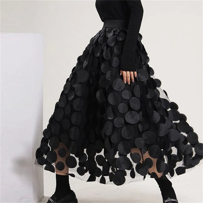 Black Gothic Polka Dot Mesh 2024 Spring Summer Elastic Midi Long Tutu Female Fashion Skirt