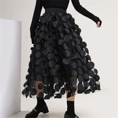 Black Gothic Polka Dot Mesh 2024 Spring Summer Elastic Midi Long Tutu Female Fashion Skirt