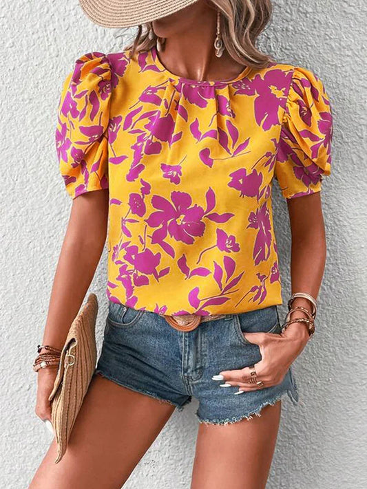 Casual Plant Flower Bubble Woven Round Neck Holiday Style Fashion T-shirt