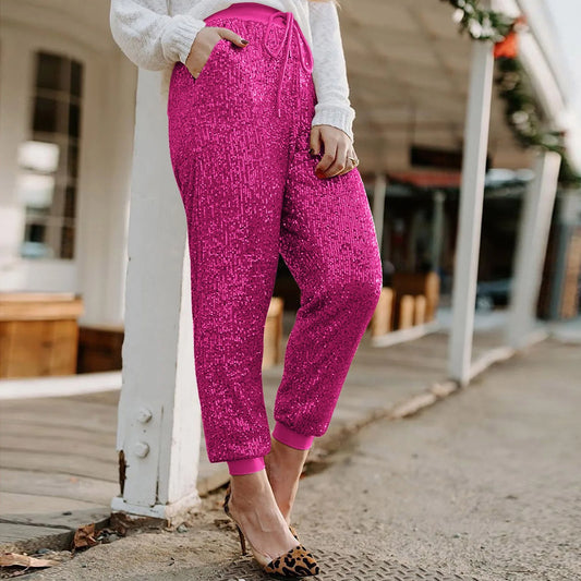 Hot Pink Sequin Female Trousers High Waist Casual Chic Luxury Party Outfit Streetwear Sparkle Straight Fashion Pants