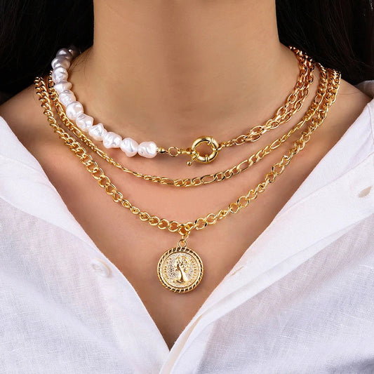 Multilayer Pearl Embossed Punk Jewelry Fashion Necklace