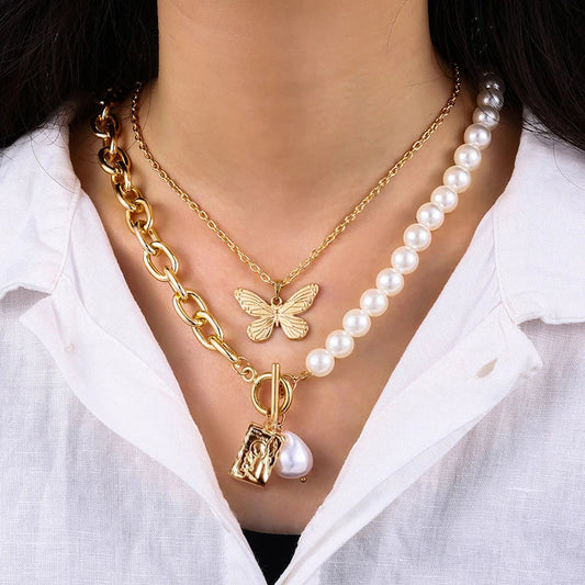 Pearl Chain Girls Vintage Butterfly Pendant Accessories Multilayer Necklace