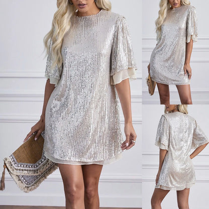 Sequined Loose Party Elegant Sexy Glitter Round Neck Short Sleeve Mini Fashion Dress