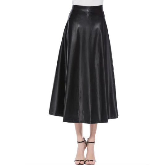 High Waist PU Leather Maxi Skirt Autumn New Office Wear Pleated Casual A-line Long Fashion Skirt