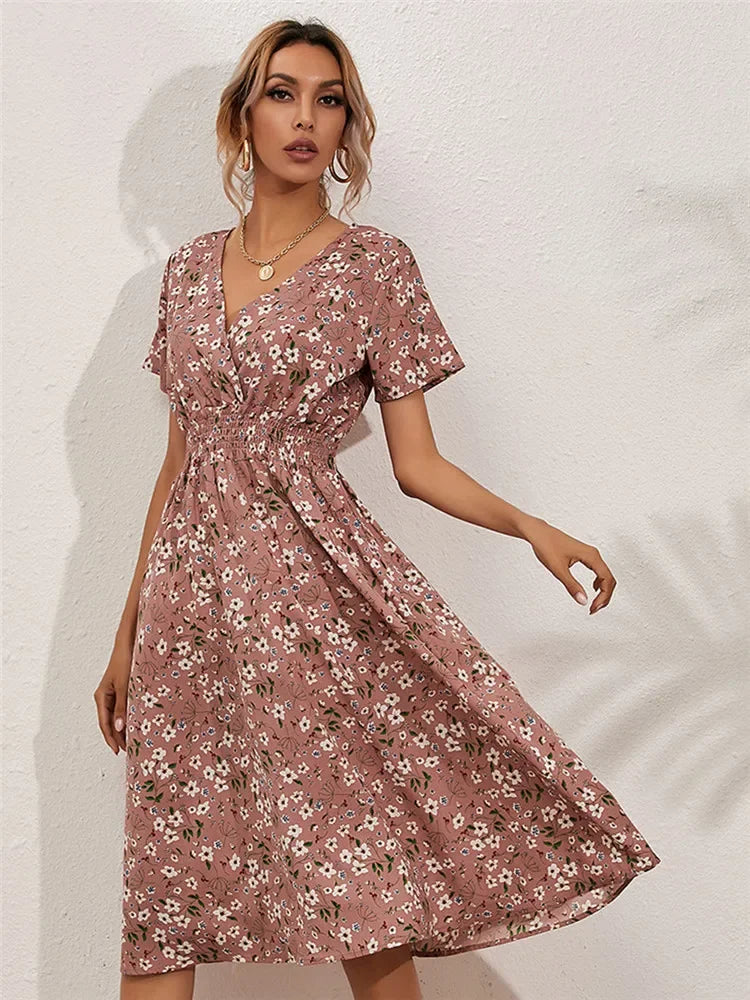 Floral Summer Long Sleeve Chic Clothing Midi Dress for Holiday