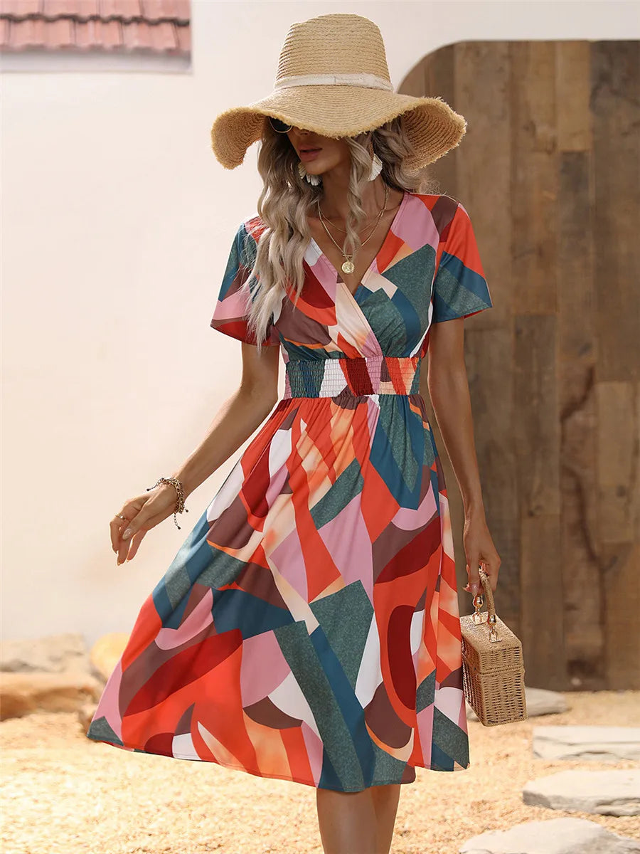 Floral Summer Long Sleeve Chic Clothing Midi Dress for Holiday