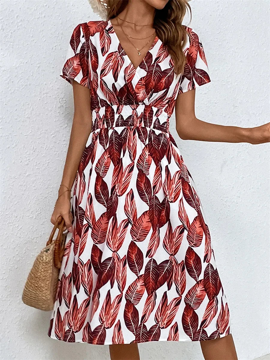 Floral Summer Long Sleeve Chic Clothing Midi Dress for Holiday