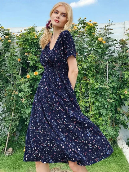 Floral Summer Long Sleeve Chic Clothing Midi Dress for Holiday