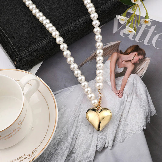 Simulated Pearl Heart Love Pendant Vintage Jewelry Fashion Necklace