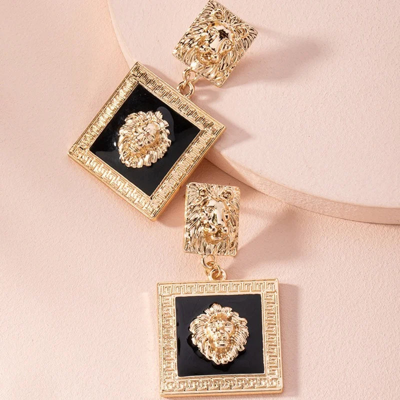 Fashion Vintage Elegant Wedding Square Engagement Punk Luxury Lion Enamel Earring