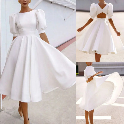 Puff Sleeve Birthday Outfit Tunic Swing Backless Prom Ladies Midi White Dress
