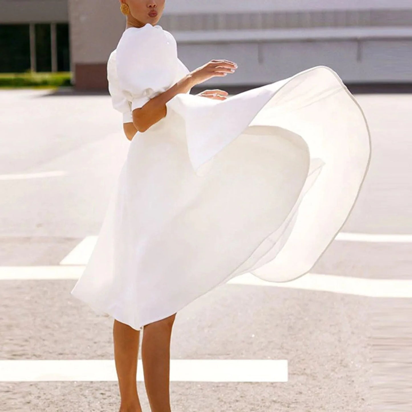 Puff Sleeve Birthday Outfit Tunic Swing Backless Prom Ladies Midi White Dress