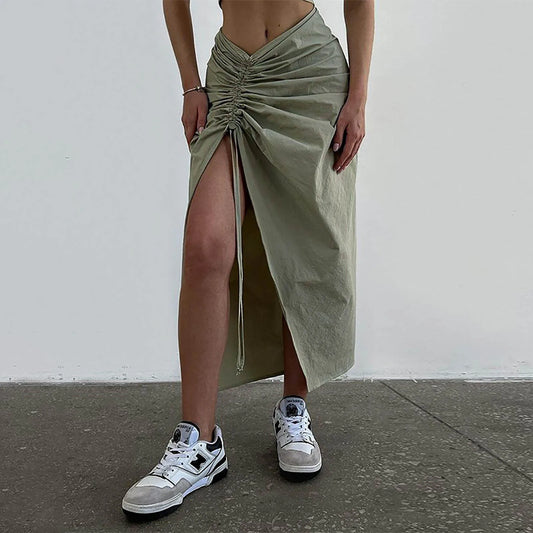 Drawstring Pleated Cargo Front Slits Streetwear Mid-calf Summer High Waist Fashion Skirt