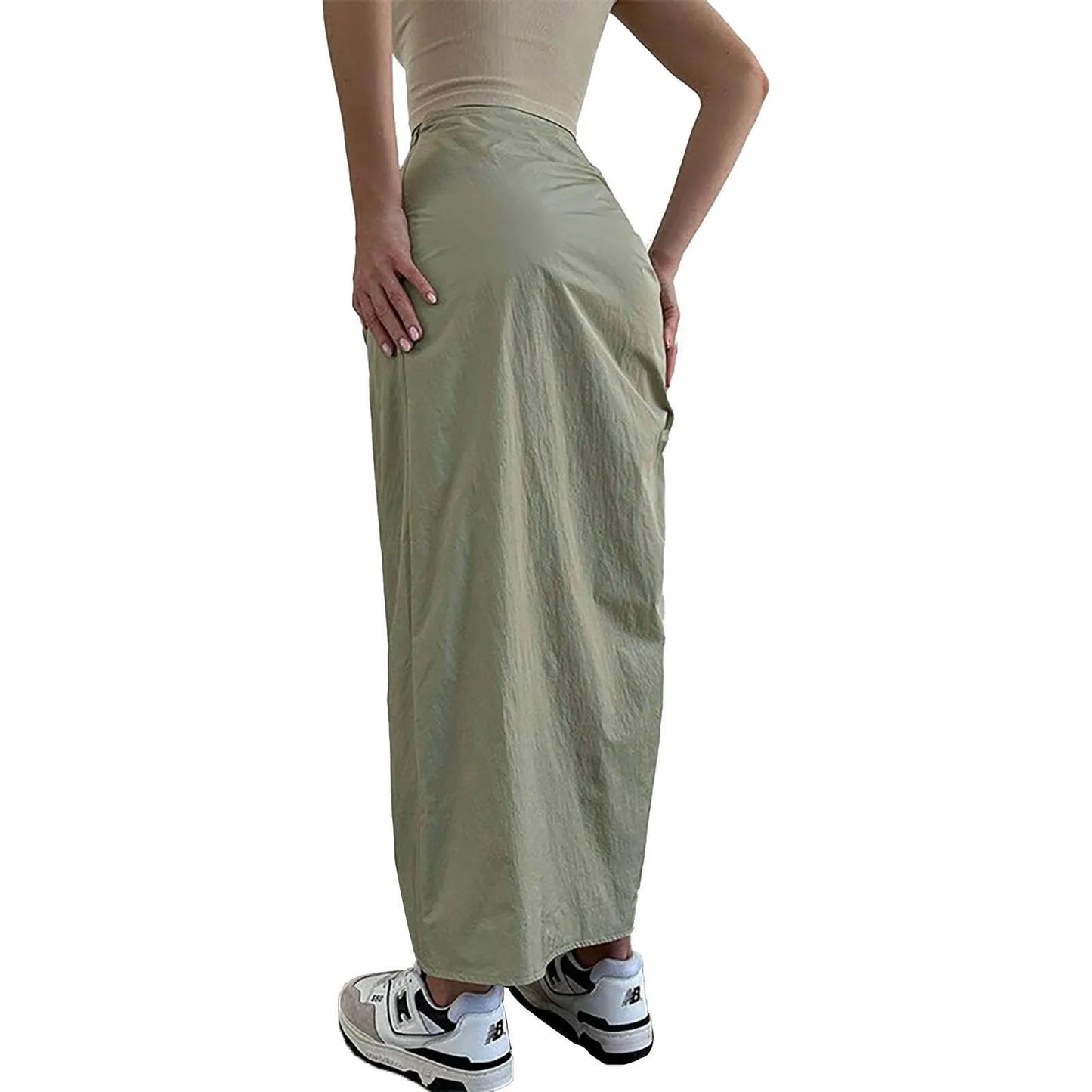 Drawstring Pleated Cargo Front Slits Streetwear Mid-calf Summer High Waist Fashion Skirt