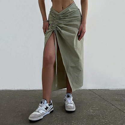 Drawstring Pleated Cargo Front Slits Streetwear Mid-calf Summer High Waist Fashion Skirt