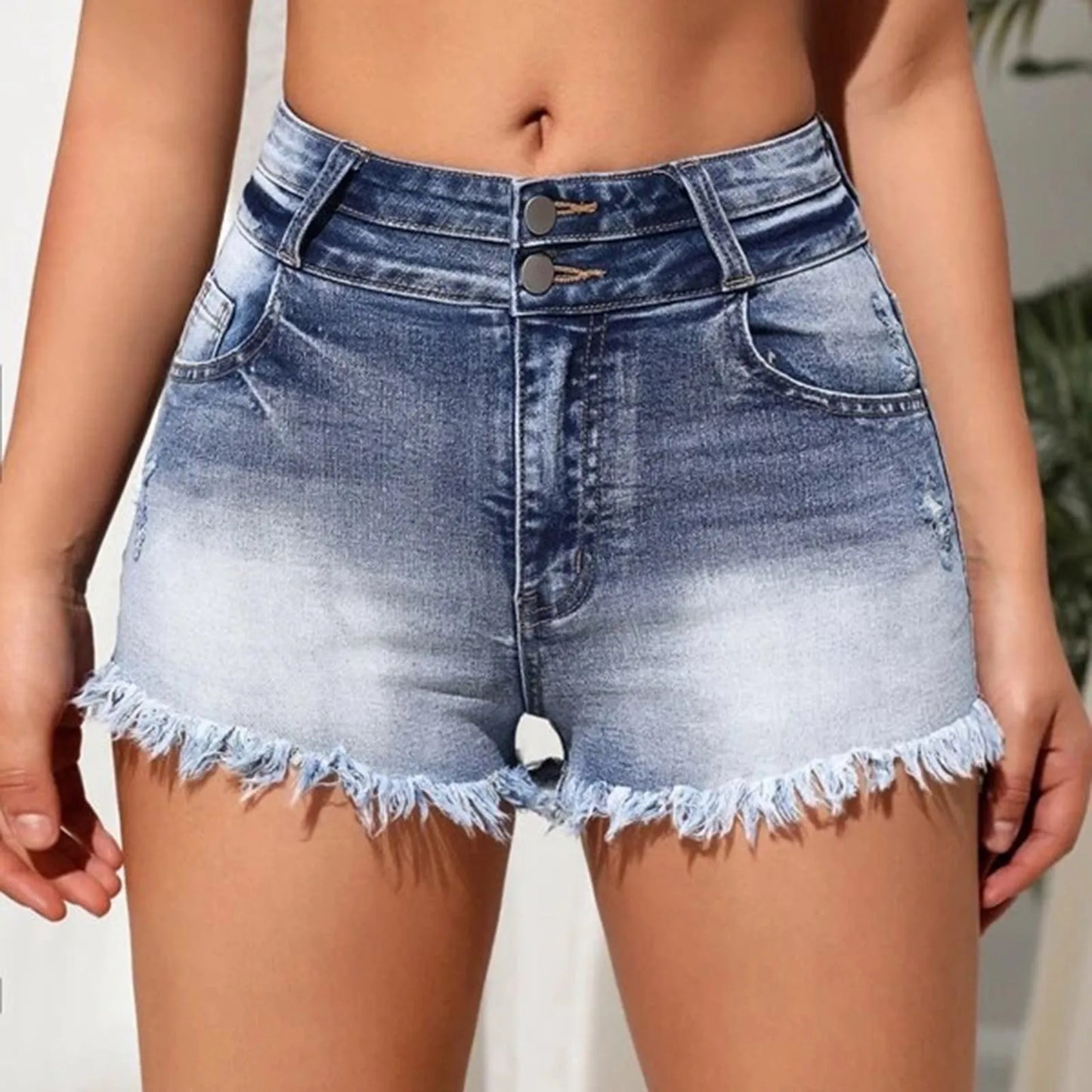 Women Mini Denim Sexy High Waist Two-button Slant Pocket Ripped Raw Hem Fashion Short