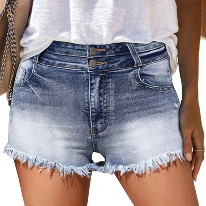 Women Mini Denim Sexy High Waist Two-button Slant Pocket Ripped Raw Hem Fashion Short