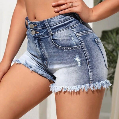 Women Mini Denim Sexy High Waist Two-button Slant Pocket Ripped Raw Hem Fashion Short