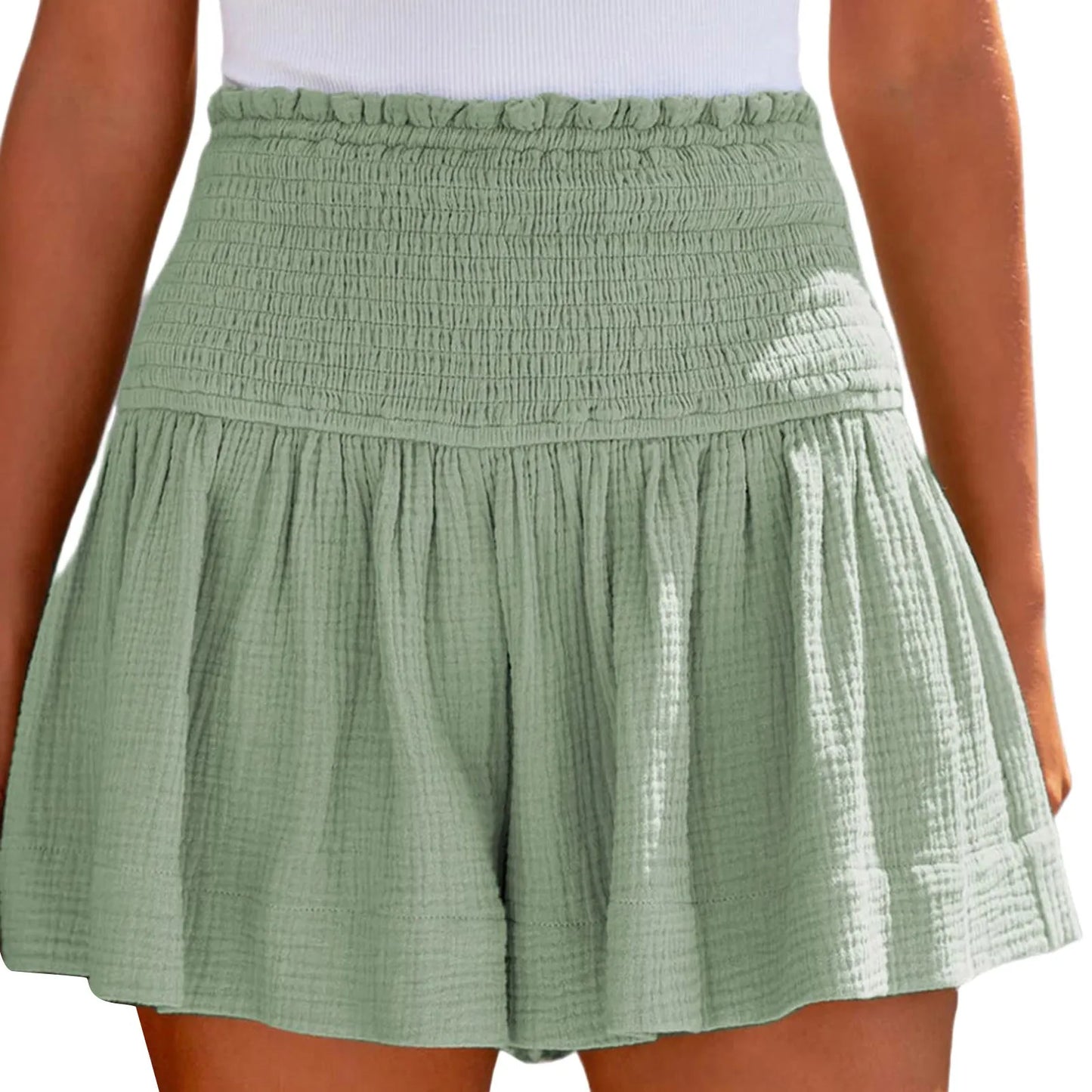 Casual Cotton High Elastic Waisted Pleated Ruffle Short