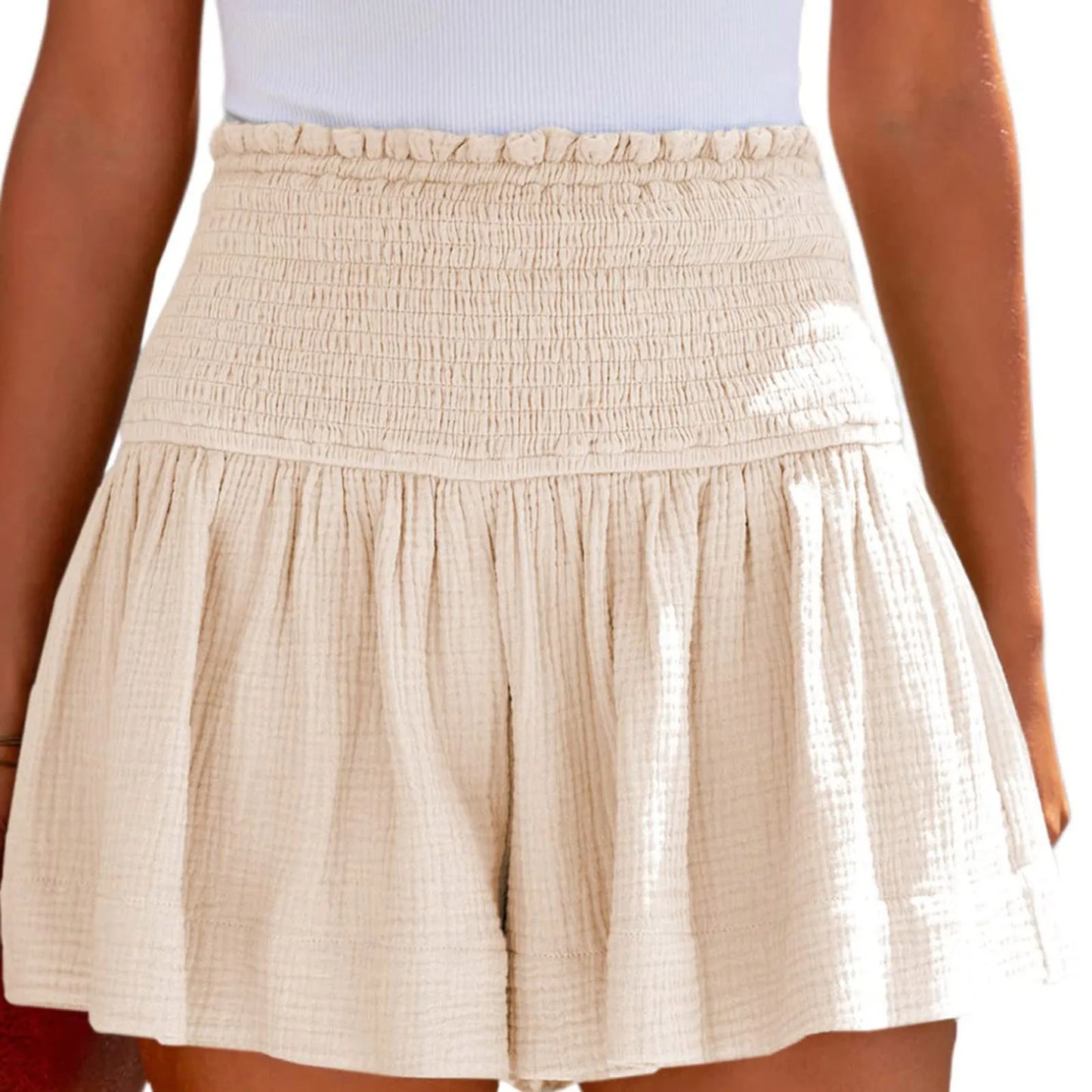 Casual Cotton High Elastic Waisted Pleated Ruffle Short