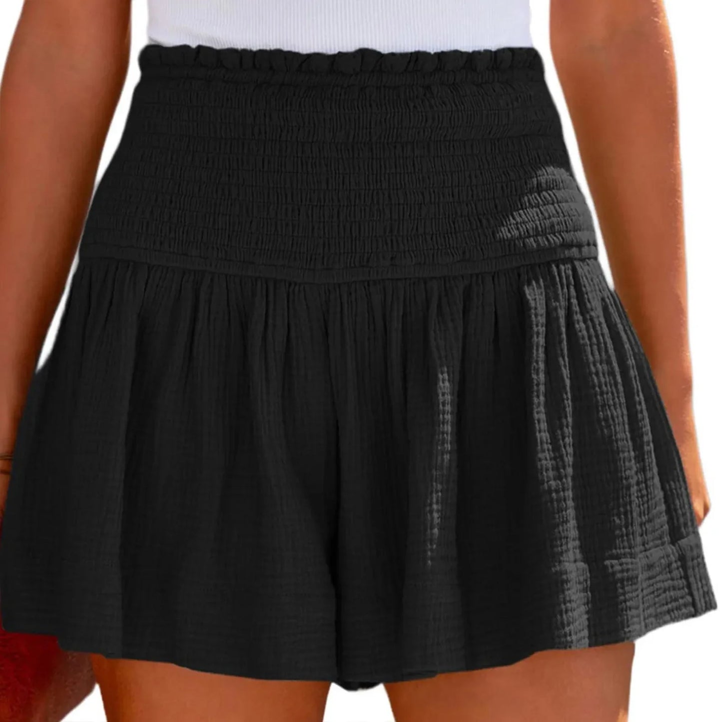 Casual Cotton High Elastic Waisted Pleated Ruffle Short