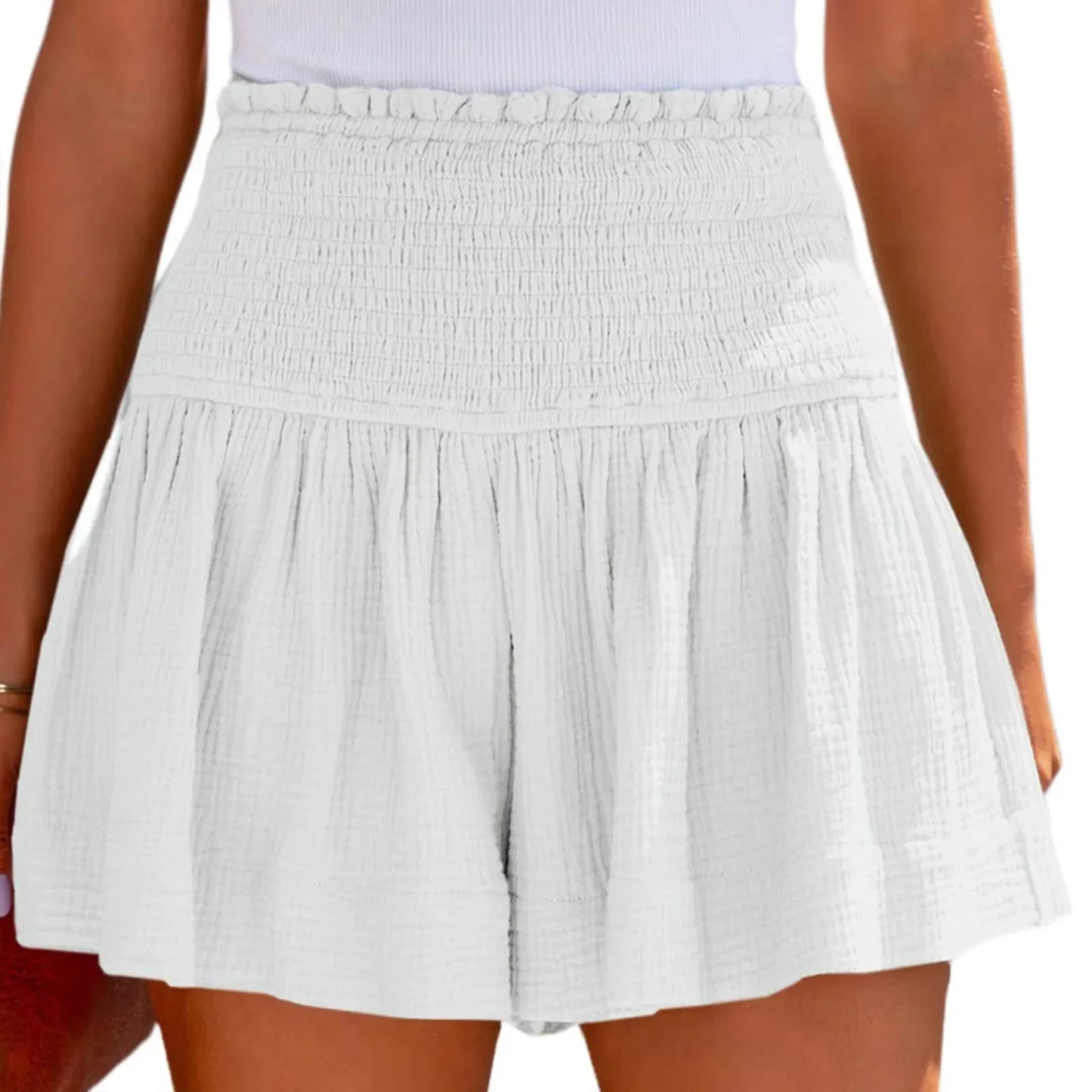 Casual Cotton High Elastic Waisted Pleated Ruffle Short