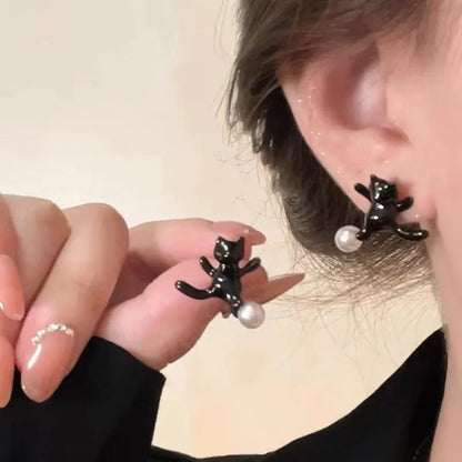 Cute Animal Small Black Cat Fashion Pearl Party Piercing Funny Earring