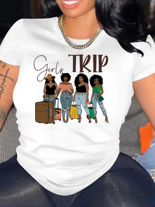 Girl Trip Print Crew Neck Short Sleeve T-shirt for Women's Summer Casual Wear