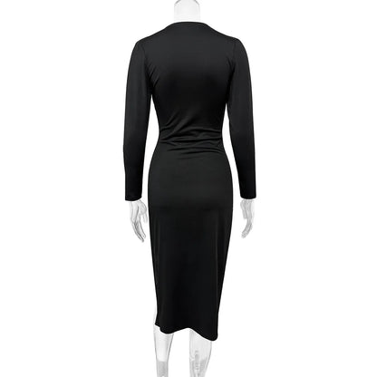 Midi Elegant Black Irregular Midi Sleeve Neck Midi Long V Slim Split Autumn Dress Dress Dress