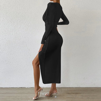 Midi Elegant Black Irregular Midi Sleeve Neck Midi Long V Slim Split Autumn Dress Dress Dress